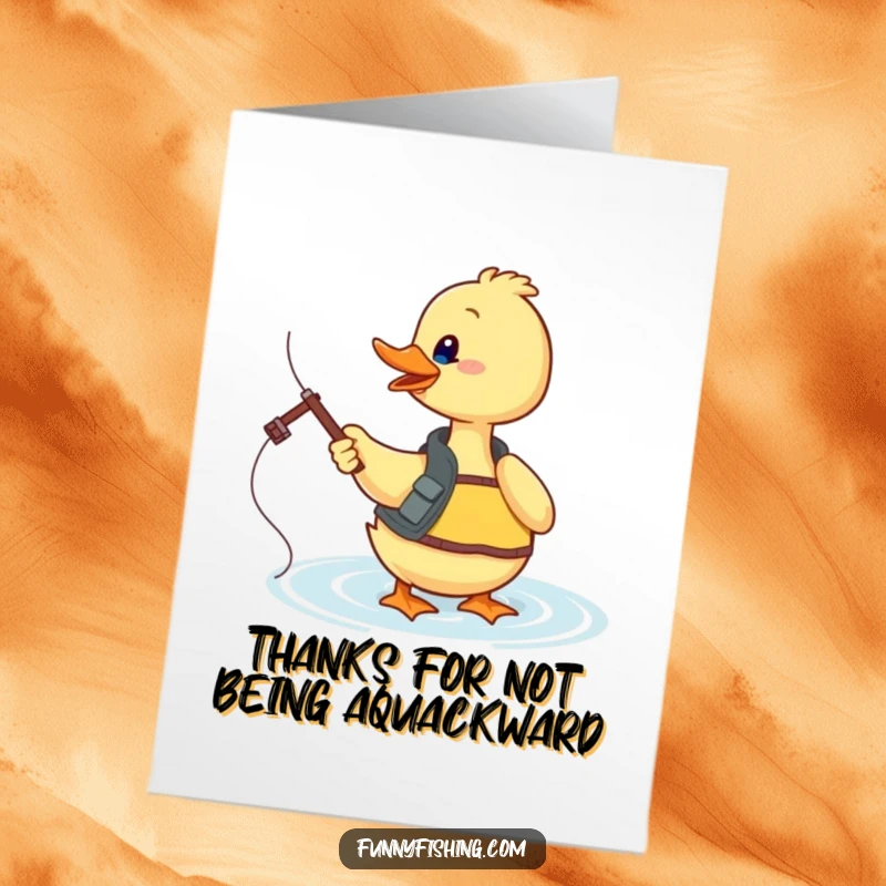 Funny Free Printable Thank You Card: Playful duck in fishing vest casts line into sparkling water, expressing gratitude.