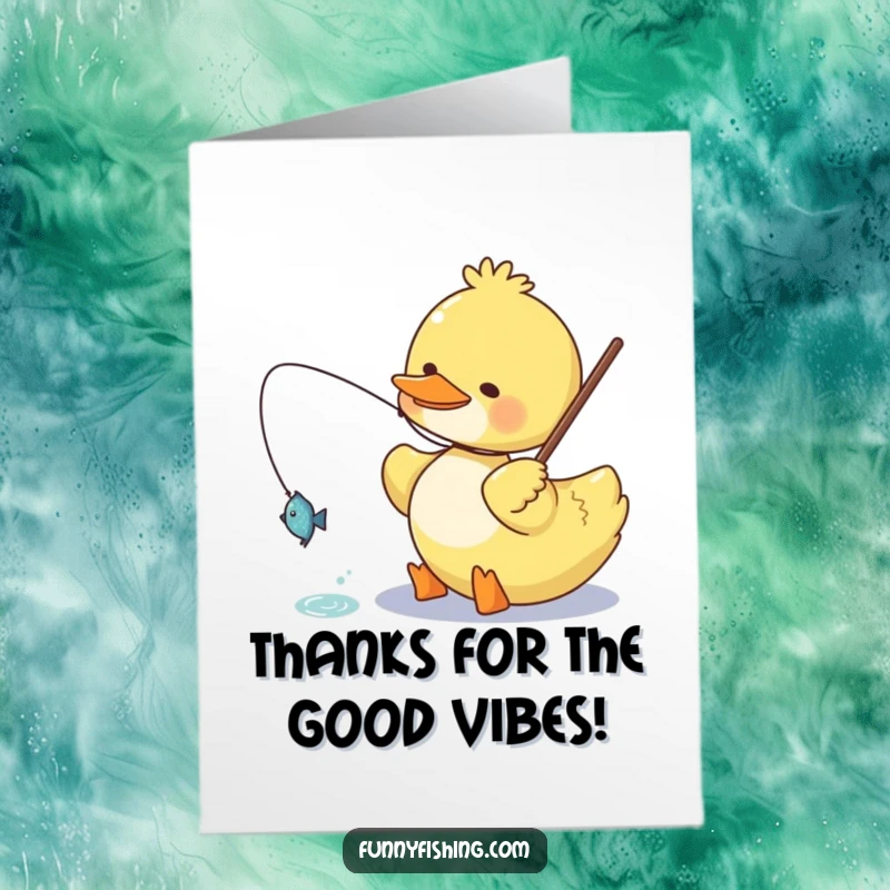 Funny Free Printable Thank You Card with a happy duck showing off a small, sparkling fish it caught.