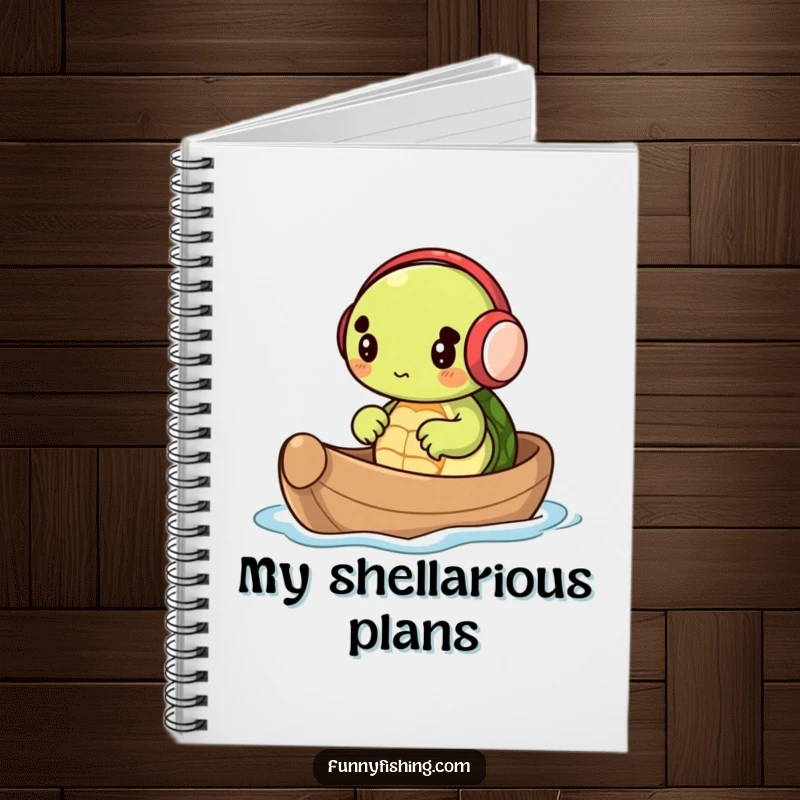 A tiny turtle in earmuffs, happily rowing a nutshell boat, featured on the cover of a funny notebook for jotting down ideas.