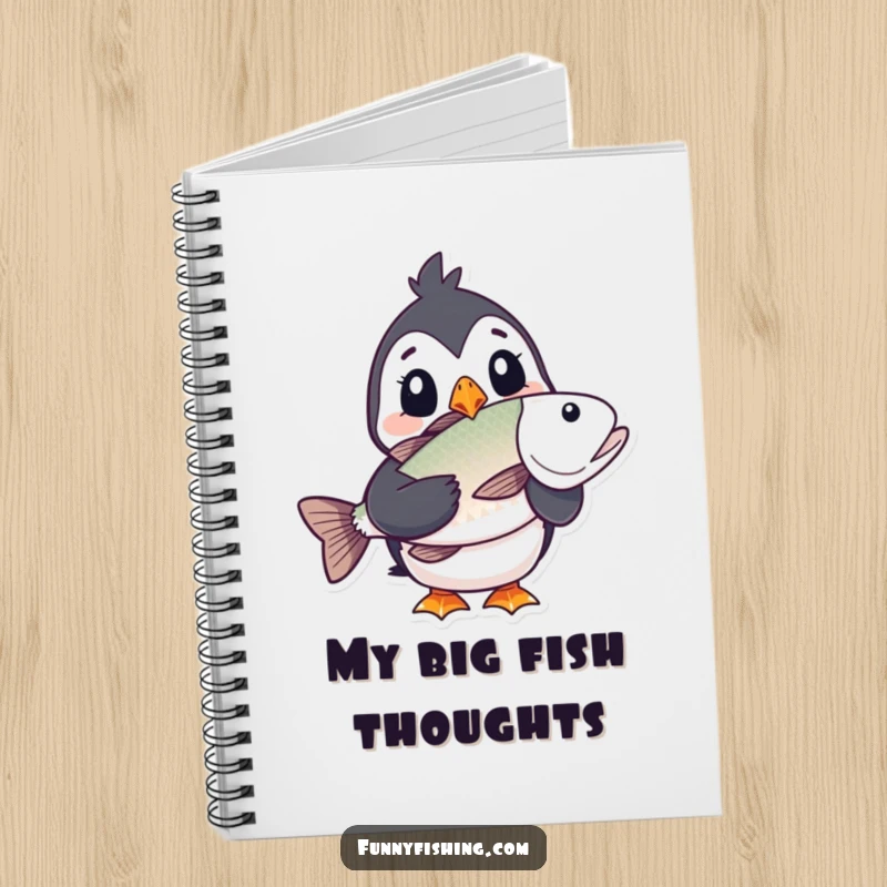 Funny puffin notebook cover showing a puffin character looking surprised with a large fish, perfect for journaling and creative writing.