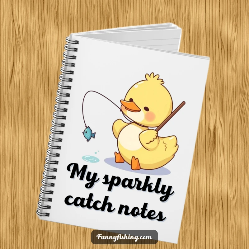 Funny duck notebook cover showing a happy duck character reeling in a small, glittering fish, perfect for notes and creative journaling.