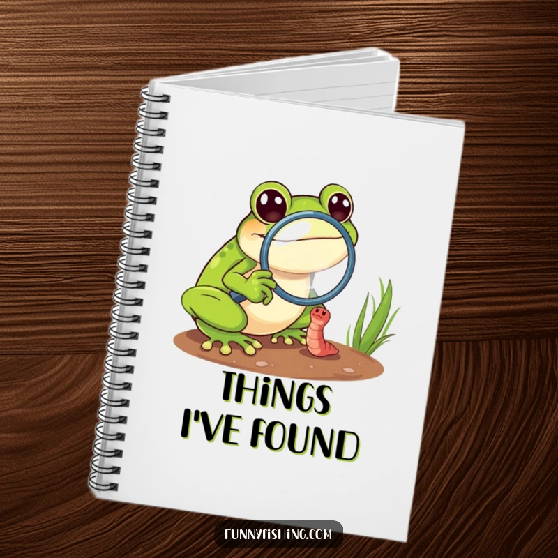 Funny frog observation notebook cover featuring a frog with a magnifying glass zooming in on a tiny, struggling worm, inspiring detail.