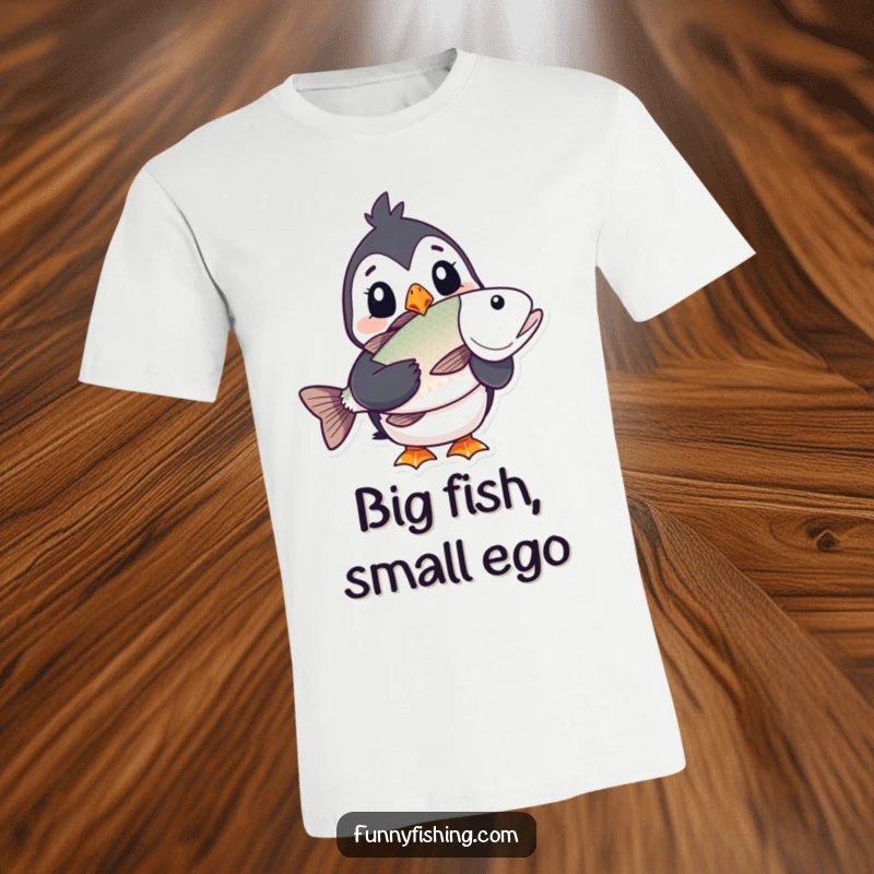Funny puffin t-shirt displaying a puffin character looking utterly shocked while holding a ridiculously oversized fish, perfect for humor lovers.