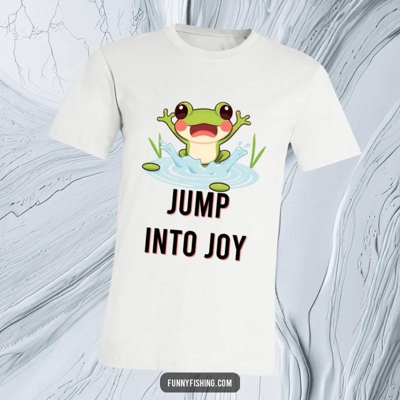 Funny t-shirt featuring a surprised frog jumping into a pond, depicted mid-splash with joy.