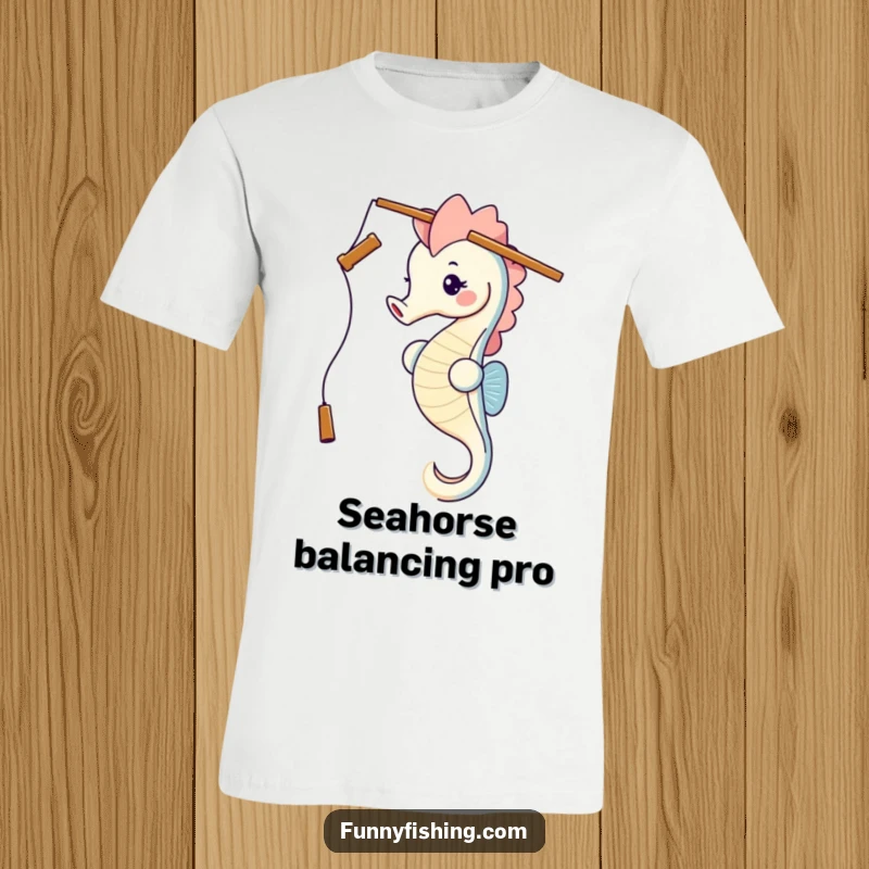 Funny seahorse wearing a fishing rod like a hat, with a joyful expression, on a comfortable t-shirt, symbolizing quirky ocean adventures.
