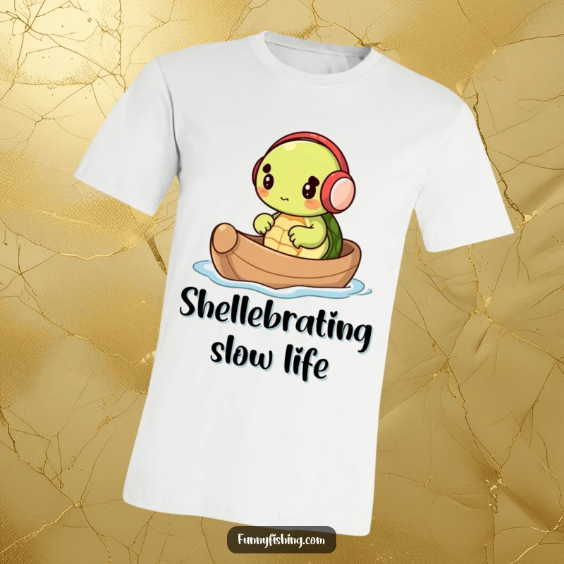 A charming tiny turtle wearing earmuffs, paddling a nutshell boat with glee, featured on a humorous t-shirt for whimsical wearers.