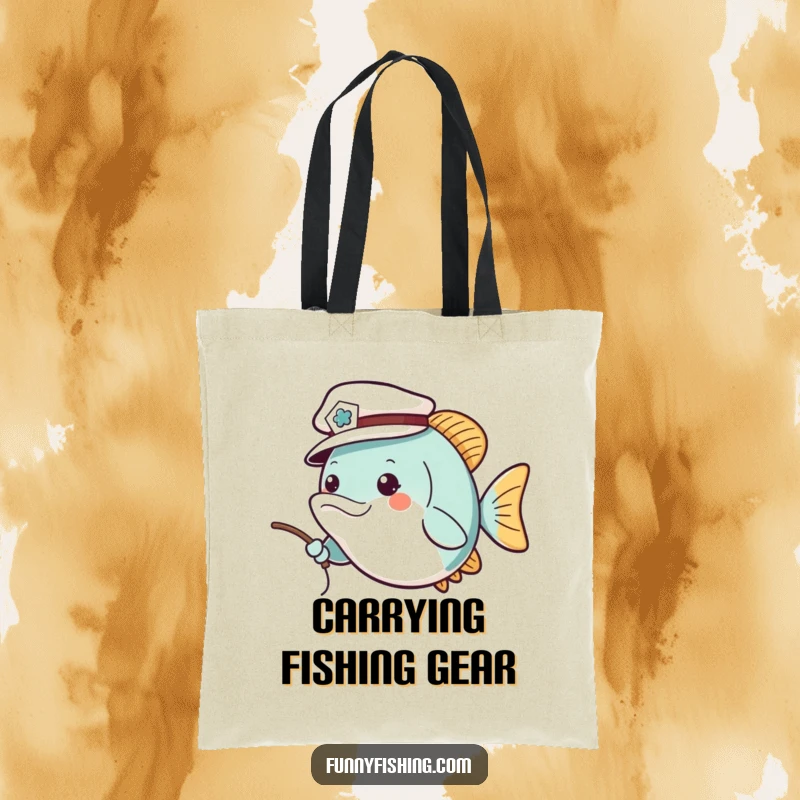 Funny tote bag featuring a cheerful fish wearing a tiny sailor hat, casting a fishing line, perfect for stylish and humorous everyday use.