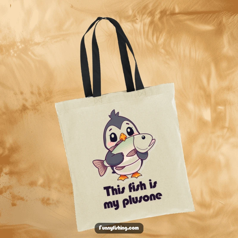 Funny puffin tote bag illustrating a puffin with a stunned expression, clutching a comically large fish, ideal for stylish and humorous carrying.