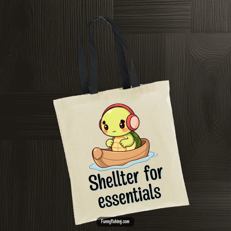 Durable tote bag featuring a tiny turtle with earmuffs rowing a nutshell boat, designed for carrying essentials with a dose of funny charm.